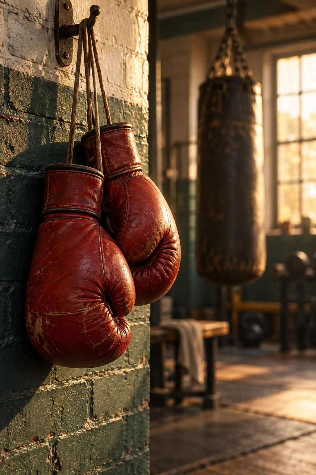 A pair of worn red boxing gloves hanging on a brick wall, with a punching bag behind
