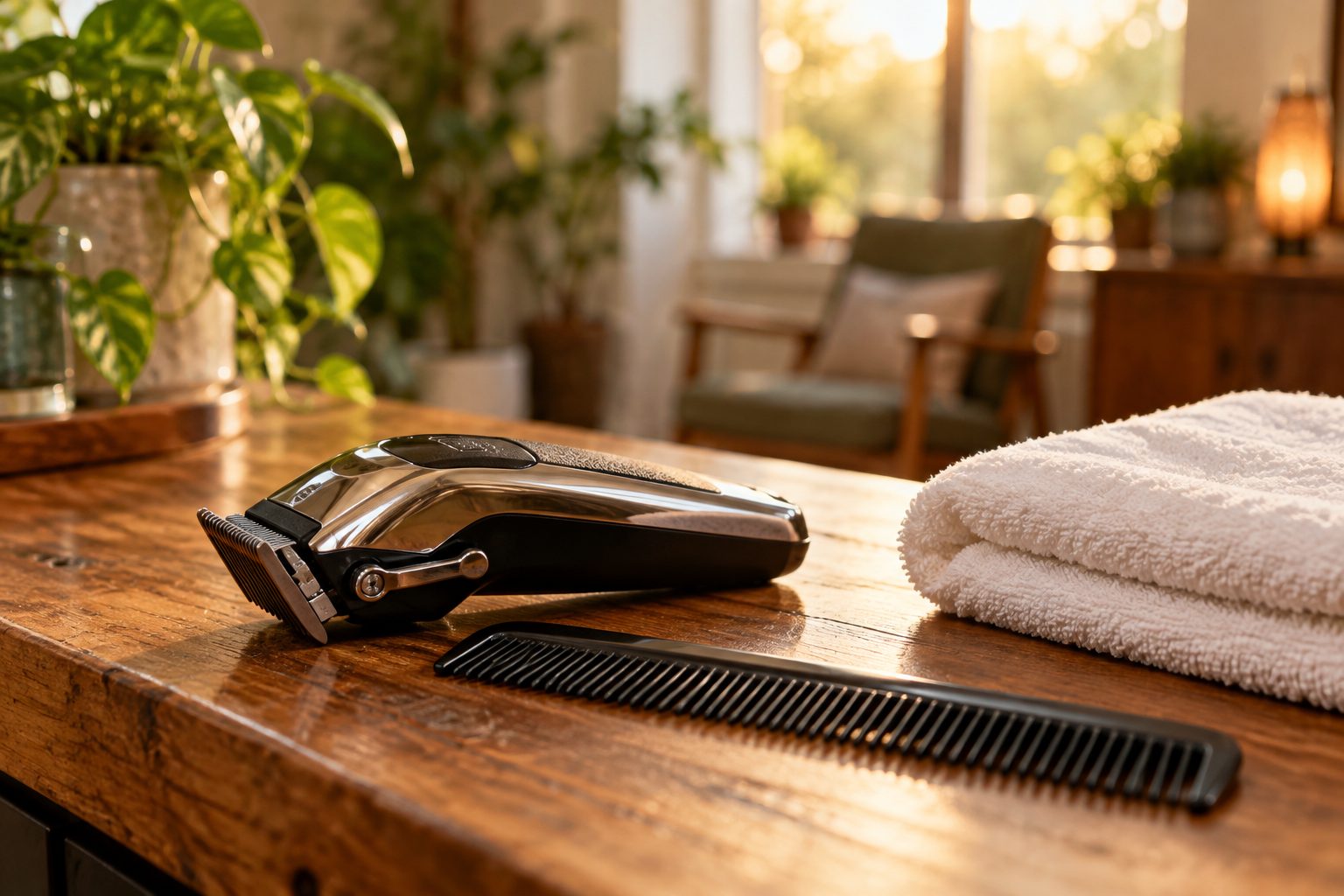 Barber clippers, a comb and a folded towel on a wooden counter